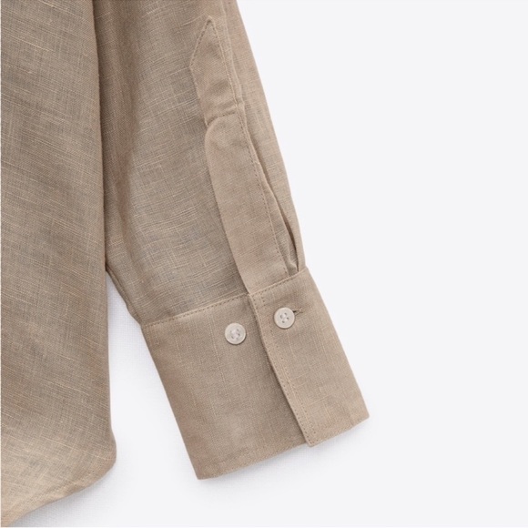 Zara Linen Button-Down Shirt with Pocket in Beige/Tan - Picture 8 of 9